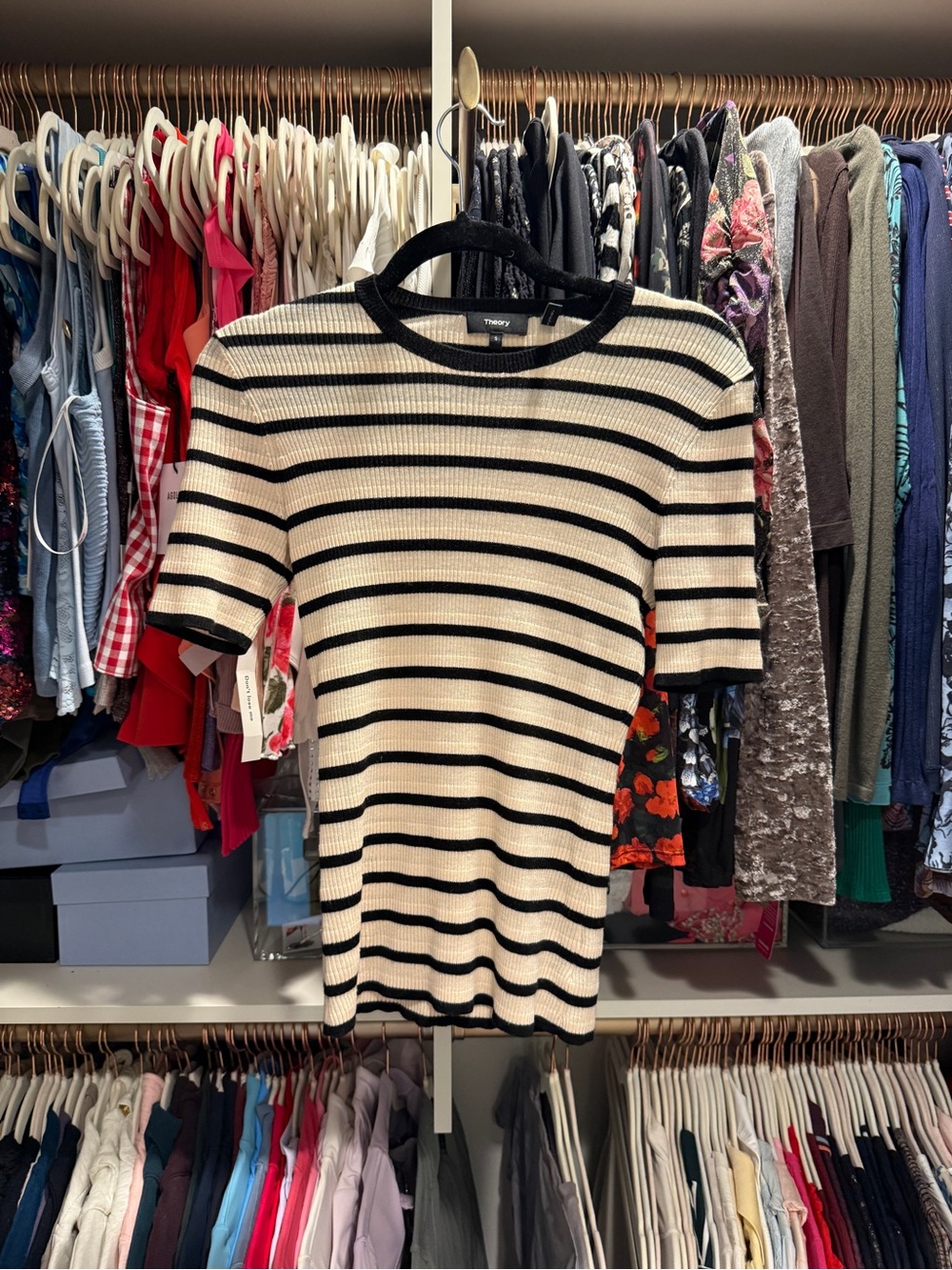 Theory Black & Cream Striped Short Sleeve Knit Top (100% merino wool)